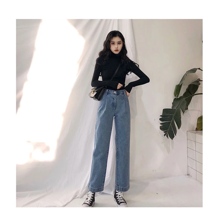 Женские джинсы хараюку брюки весна корейская мода прямые свободные джинсовые брюки с высокой талией с карманами на молнии винтажные женские брюки
