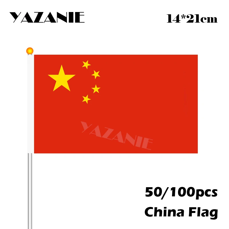 

YAZANIE 14*21cm 50/100pcs Chinese Hand Flag China World Country National Waving Flag Small Custom Banner With Plastic Flagpoles