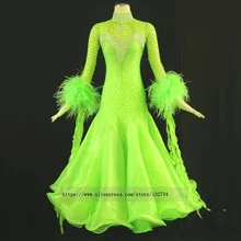 Из зеленой перьевой брошью бальные костюмы стандартные бальные танцы платья вальс фламенко платье костюм Танцы одежда, костюмы для танцев