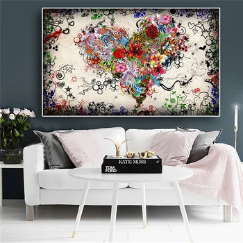 

Vintage Flowers and Green Plants Posters and Prints Heart Love Abstract Canvas Painting Cuadros Wall Art Picture for Living Room