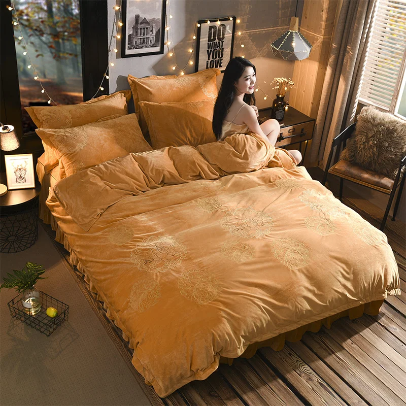 luxury crystal Flannel embroidery Bedding set Thick Warm Fleece Duvet