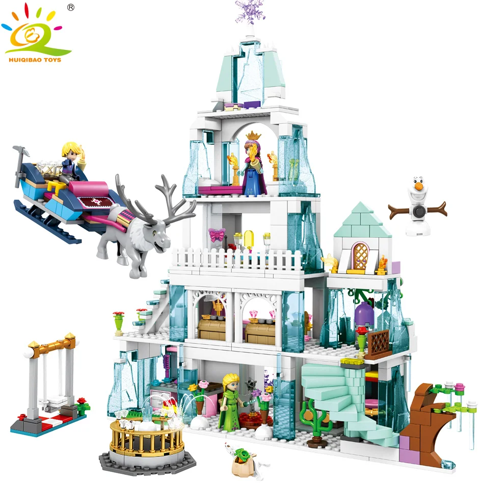 

HUIQIBAO TOYS 767pcs Princess Elsa's Ice Snow Castle Building Blocks Legoingly Friends For Girls with sleigh Elk Figures Bricks