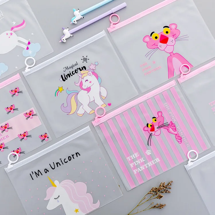 New 1Pcs New Cartoon Unicorn Pink Leopard Transparent PVC Document Bag File Folder Stationery Organizer