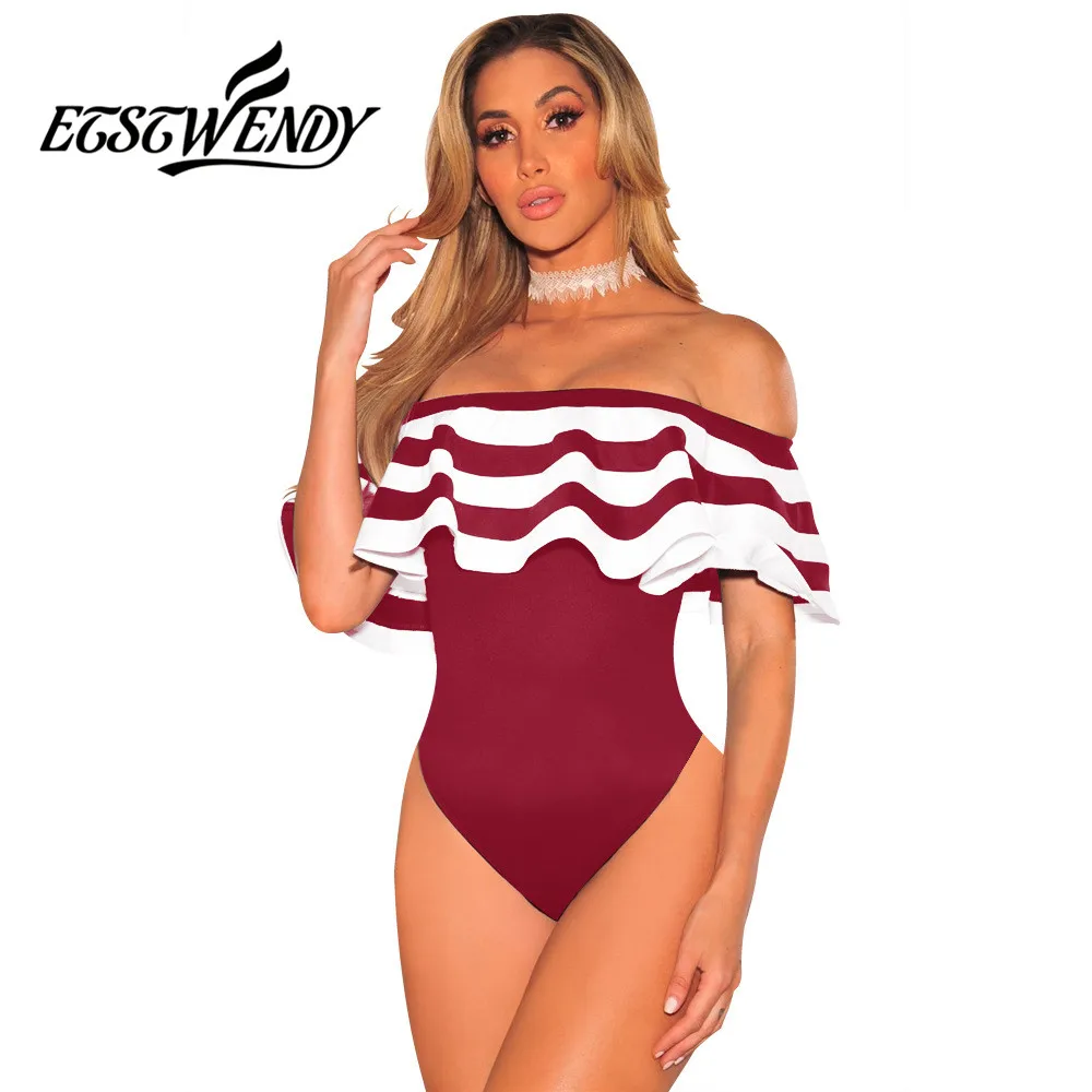

Summer 2019 Sexy Jumpsuit For Women Slash Neck Patchwork Striped Ruffles Slim Bodysuit High Waist Backless Women Sexy Bodysuit