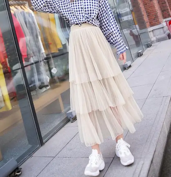 Summer New Sweet Cake Layered Long Mesh Skirts Princess High Waist Ruffled Vintage Tiered Tulle Pleated ins Skirts