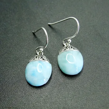 Antique Bohemian Style 925 Sterling Silver Jewelry Dangle Earrings with Natural Larimar Gemstone Drop Dangle Earrings for Woman