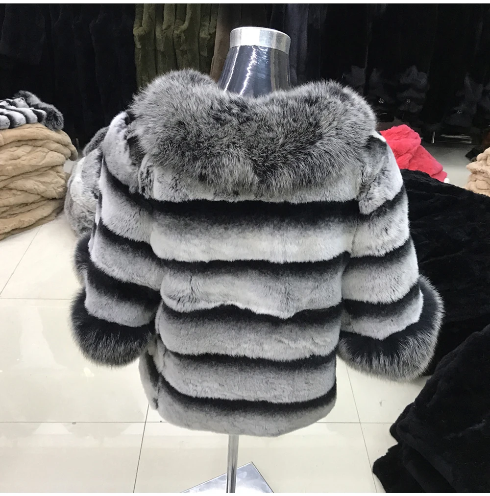 Excellent Women Rex Rabbit Fur Coat Warm Soft Rex Rabbit Fur Jacket With Big Real Fox Fur Collar 100% Natural Real Rex Rabbit Fur Overcoat 4