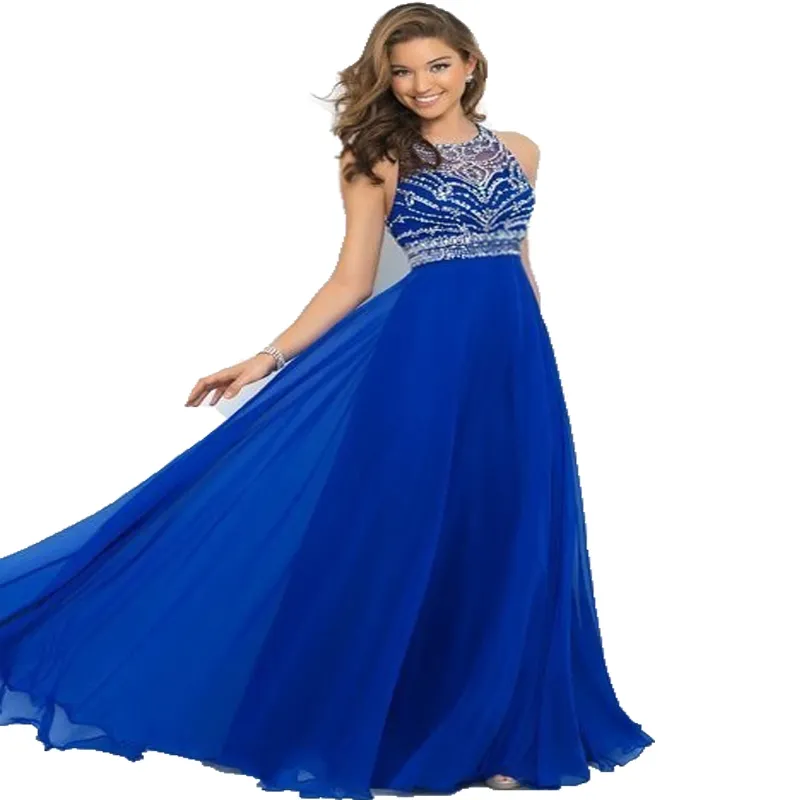 Elegant Royal Blue Chiffon A Line Prom Dresses 2015 Halter Bandage