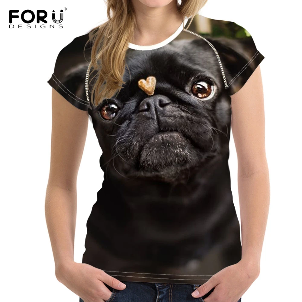 FORUDESIGNS/Модная брендовая летняя футболка для женщин милые 3D черные мопса/с принтом