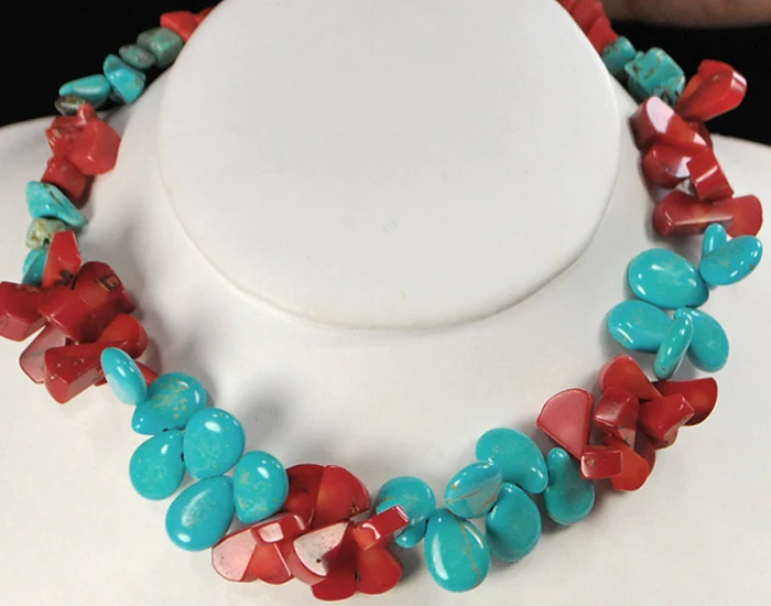 

Beautiful Blue Turquoise & Red Coral Teardrop Silver Necklace 19