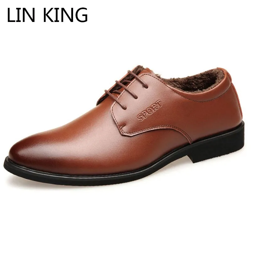 

LIN KING Men Genuine Leather Man Casual Formal Shoes Plus Size Warm Lace Up Winter Oxfords Shoes Gentleman Business Dress Shoes