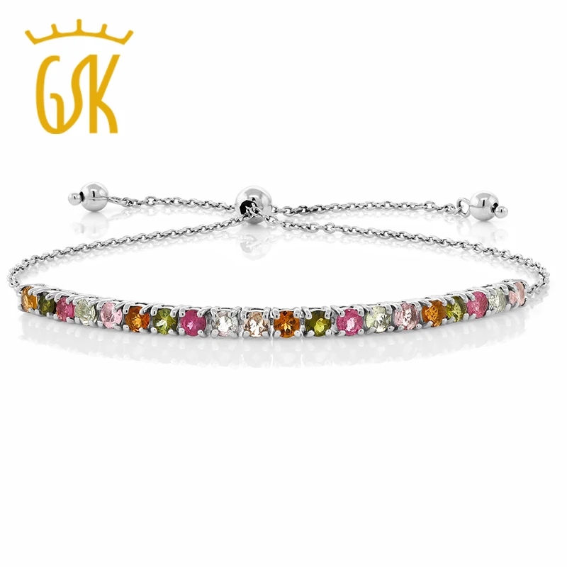 

GemStoneKing 2.00 Cttw Natural Multi-Color Tourmaline 925 Sterling Silver Fully Adjustable Bracelet For Women Wedding Jewelry