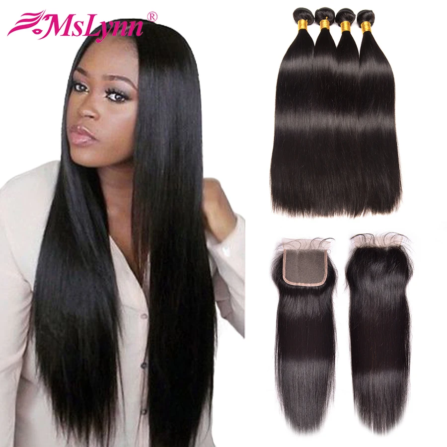 comprar Mslynn Pacotes Tecer Cabelo Brasileiro Com Fecho de Cabelo Humano Pacotes Com Fecho de Cabelo Liso Pacotes Com Fecho de Cabelo NonRemy