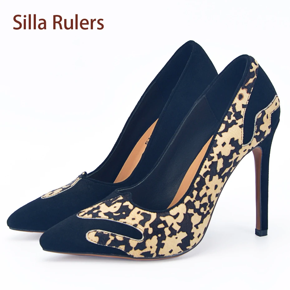 

Silla Rulers Women Sexy Horsehair Leopard Mix Suede Pumps Lady Pointed Toe Party Wedding Shoes Stiletto Heels Inside Sheepskin