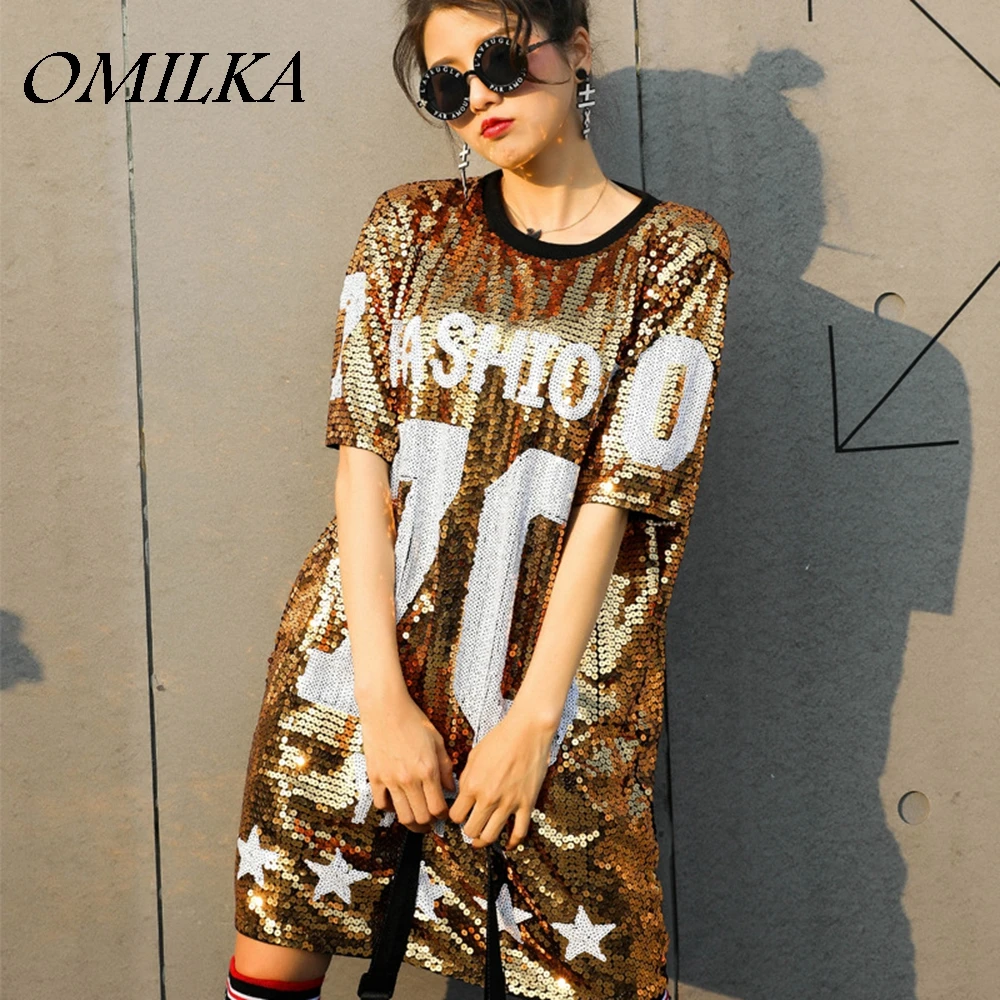 

OMILKA 70 Letter Printed Sequin Hip Hop T Shirt 2019 Summer Women Half Sleeve O Neck Shiny Bling Stage Club Party Tops Tees