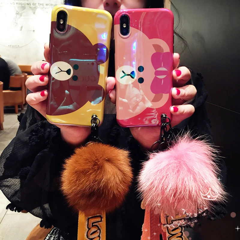 

Blu-ray cartoon cute pink little bear fox fur ball plush lanyard cover case for iphone 6 7 8 plus X XR XS MAX phone casse