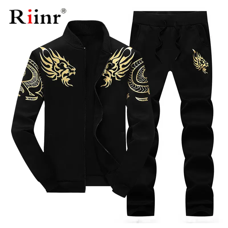 

Mens Tracksuit Outwear Hoodie Set 2 pieces Autumn sporting track suit male Fitness Stand Collar Sweatshirts Jacket+Pants Sets