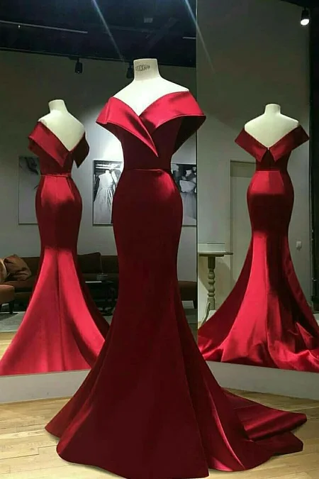 

Burgundy Off Shoulder Mermaid Evening Dresses 2019 Sweep Train Zipper Back Satin Elegant Simple Prom Party Gowns Robe de soiree
