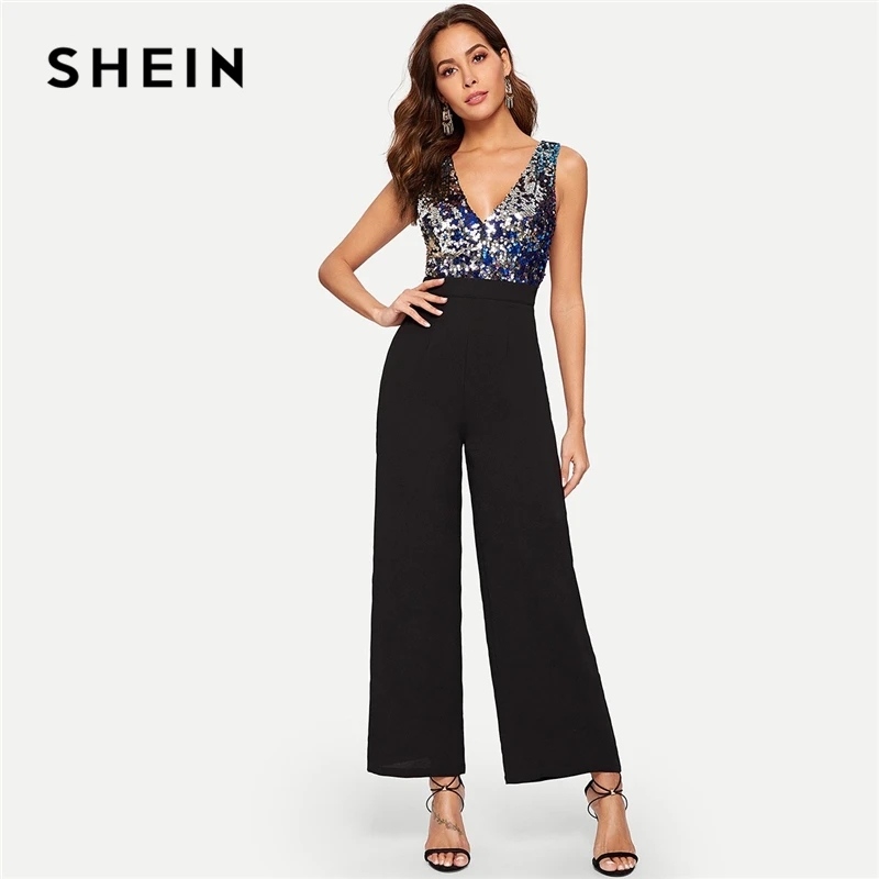 SHEIN Black Sequin Patched Double V Neck Shell High Waist Wide Leg Slim ...