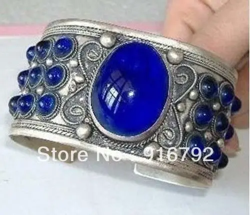 

free P&P >>>>>Tribal Carved Blue stone Three Rows Tibet Silver Adjustable Bangle Open Bracelets