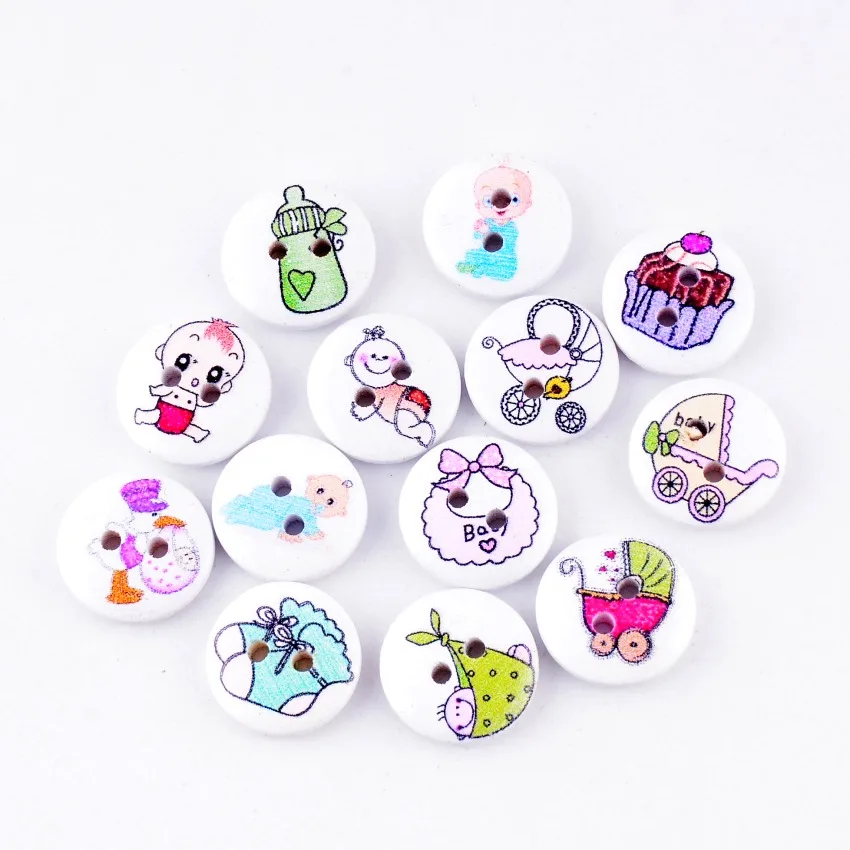 

Retail 50Pcs Random Mixed 2 Holes Print Baby Style Wood Buttons 15mm Dia. Sewing Tools For Diy Clothing Accessories F0591F