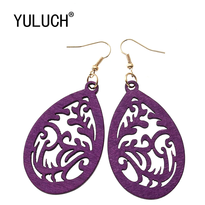 

YULUCH Natural wood oval hollow 4 color retro art earrings for women New Year Valentine's Day gifts Ladies and girls Jewelry