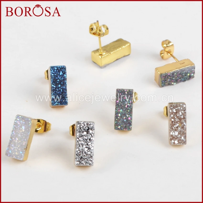 Серьги гвоздики BOROSA 1 пара золотистого цвета прямоугольной формы радуги сережки