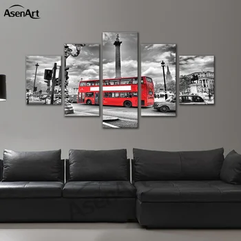 

5 Panel Wall Art Canvas Print London Bus City Landscape Painting for Living Room Framed Picture Ready to Hang