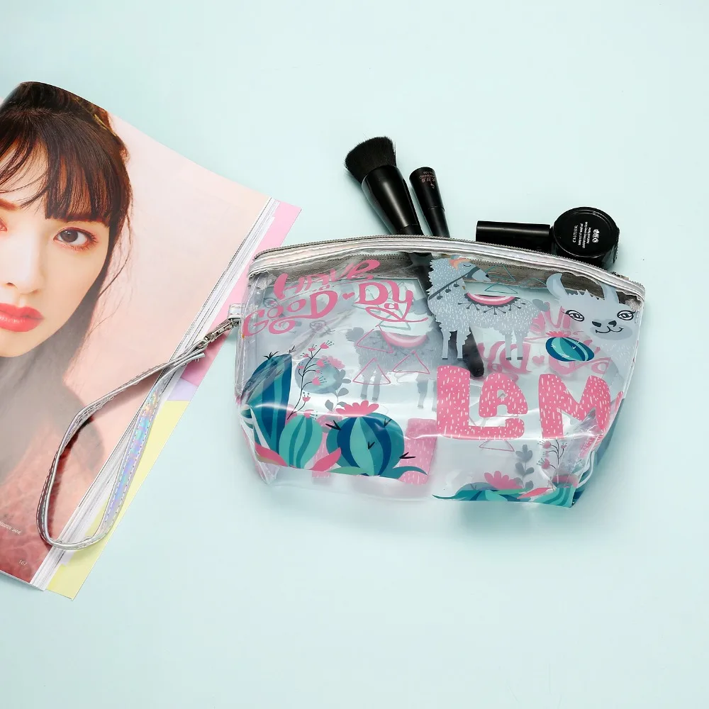 الكرتون واضح حقيبة مستحضرات تجميل النساء مستحضرات التجميل حقيبة حالة للماء إكسسوارات السفر PVC المنظم حقيبة مستحضرات تجميل الفتيات غسل الحقي...