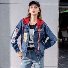 Boyfriend джинсовая куртка для женщин s пальто с капюшоном Мода однобортный Тонкий Патч Письмо куртка для женщин осенняя верхняя одежда пальто
