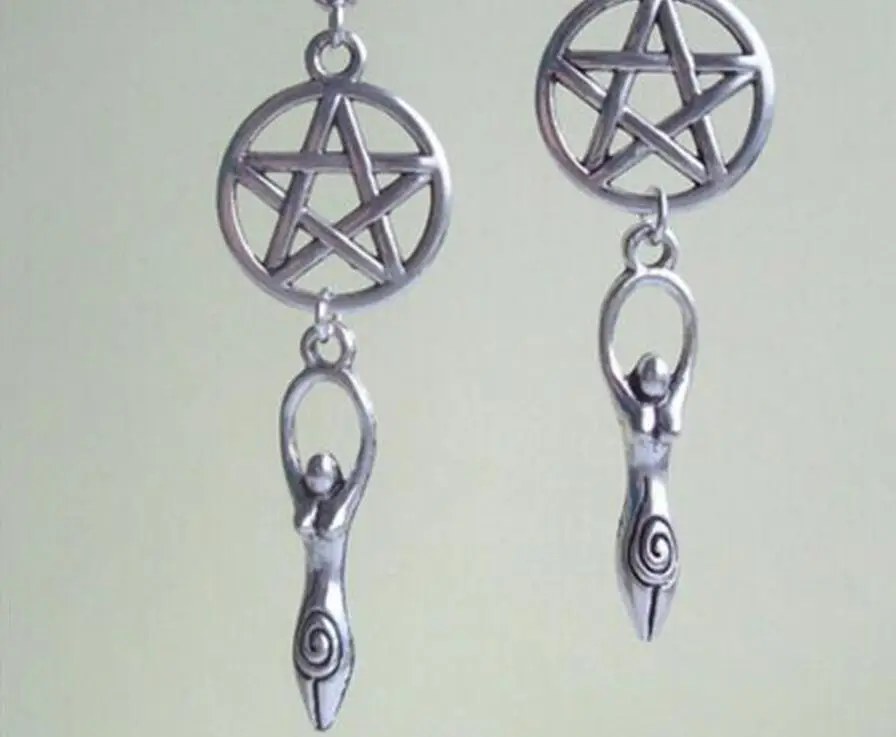

1 Pair/lot Fashion Vintage Silver Pentagram Earth Goddess Charm Dangle Earrings For womens Gifts Fashion Witch Pagan Jewelry