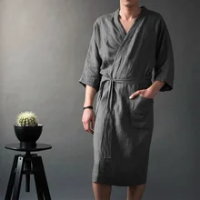 Мужские льняные пижамы на шнуровке, халаты с v-образным вырезом и рукавом на запястье, однотонный мужской халат, Винтажный Мужской банный халат Homme, ночная рубашка