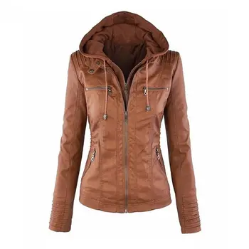 

SHUJIN Faux Leather Jacket Women Autumn Motorcycle Plus Size Ladies Hooded Leather Jacket Casual Streetwear Windbreak Overcoat