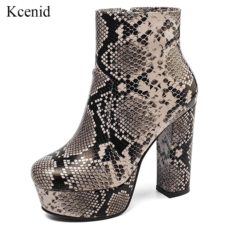 

Kcenid 2020 new snake print PU leather boots women high heels platform ankle boots for women round toe zip autumn winter shoes