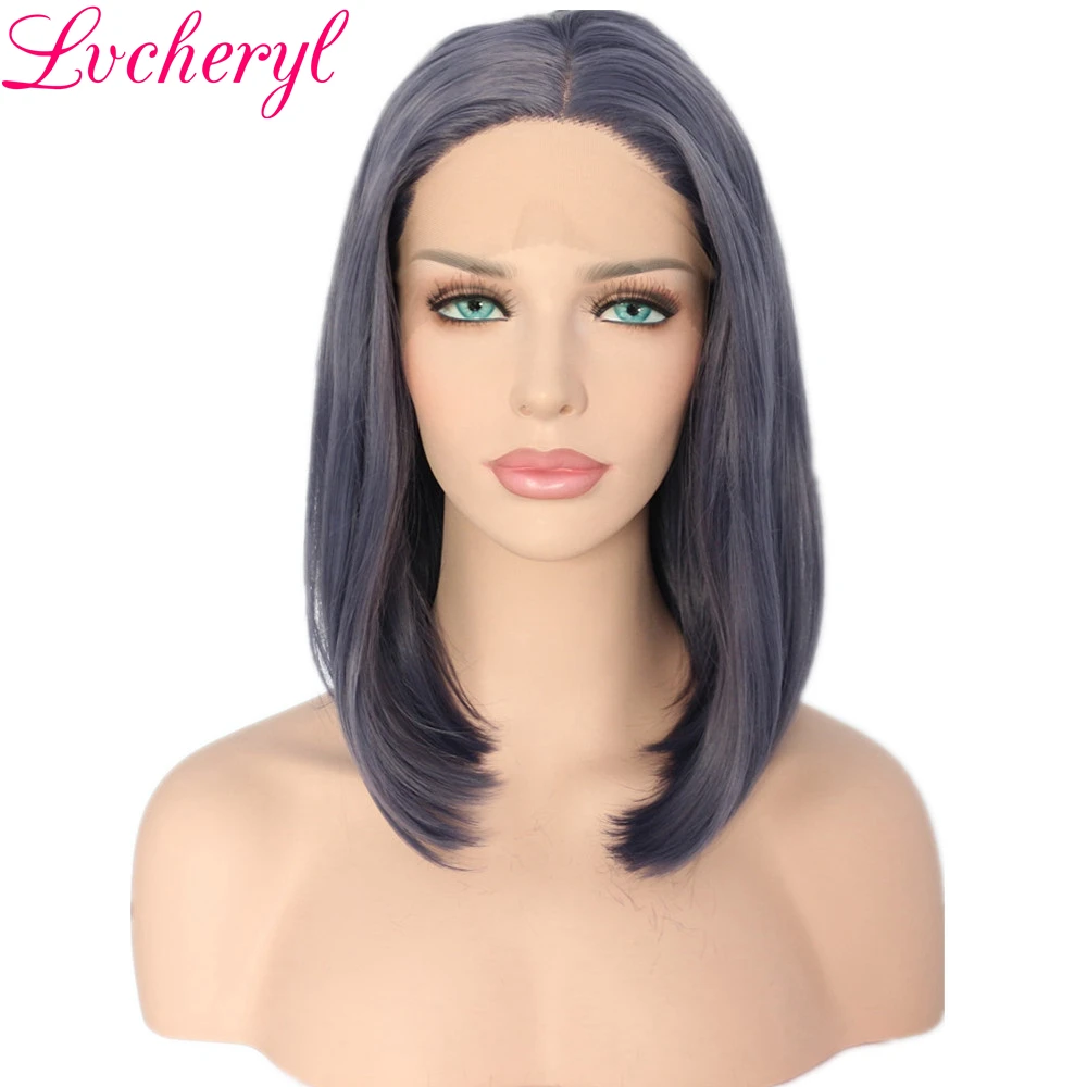 Lvcheryl Dark Grey Color Heat Resistant Natural Hair Wigs Short Bob style Gluleless Synthetic Lace Front Wig For Women Make up