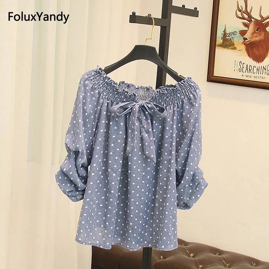 Summer Sweet Blouse Women Plus Size 3 XL Casual Lace Up Bow Polka Dot Blouse Shirt SWM889