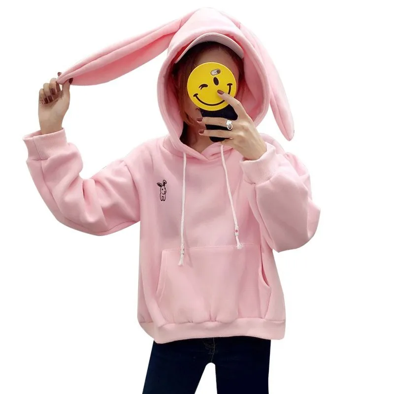  Women Rabbit Ear Embroidery Oversized Sweatshirt Harajuku Kawaii Pink Hoodies Cute Female Fleece Wa