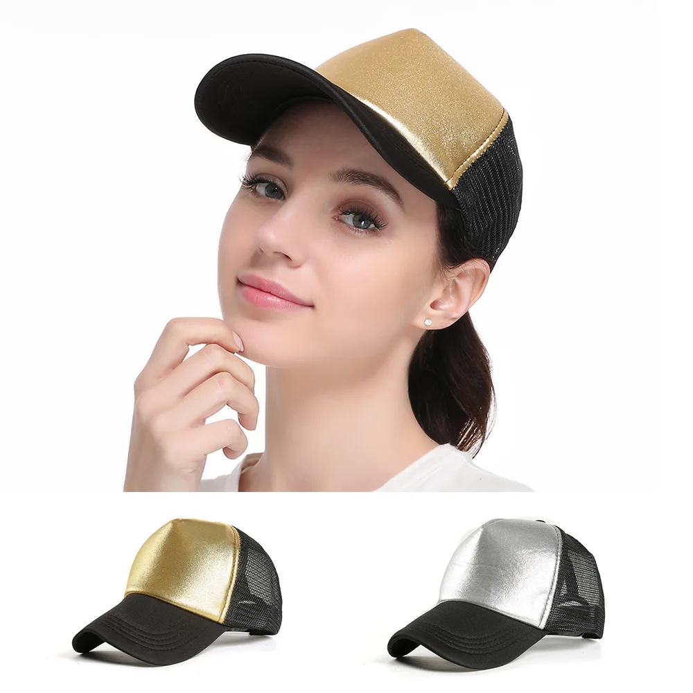 

Summer pop hats in Europe Simple hot-pressed gold and silver glossy baseball cap net yarn duck tongue cap for men and women