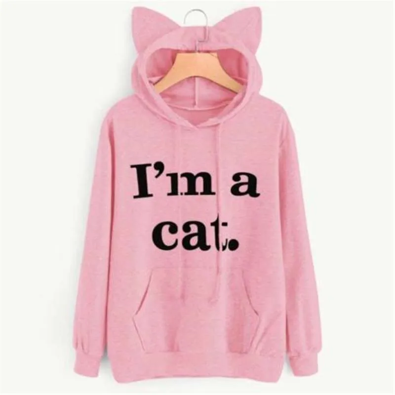 I'm a cat Letter Print Cat Ear Hoodie Regular Full Sleeve Sweet Hooded Pullover Autumn Women Girl Sweatshirt Large Size 2XL - Цвет: Розовый