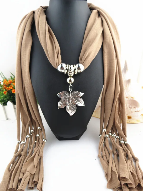Tassels Warm Scarf Women Charms Scarf Alloy Leaves Leaf Pendant Jewelry