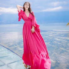 Женские новые лето-осень милое платье принцессы длиной до пола платье трапециевидной формы шифоновое платье с оборками женское сексуальное платье с v-образным воротом, Платья для вечеринок