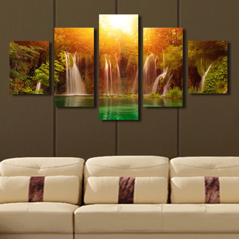 2017 Time limited Cuadros 5 Panel Canvas Art Waterfall Sunrise