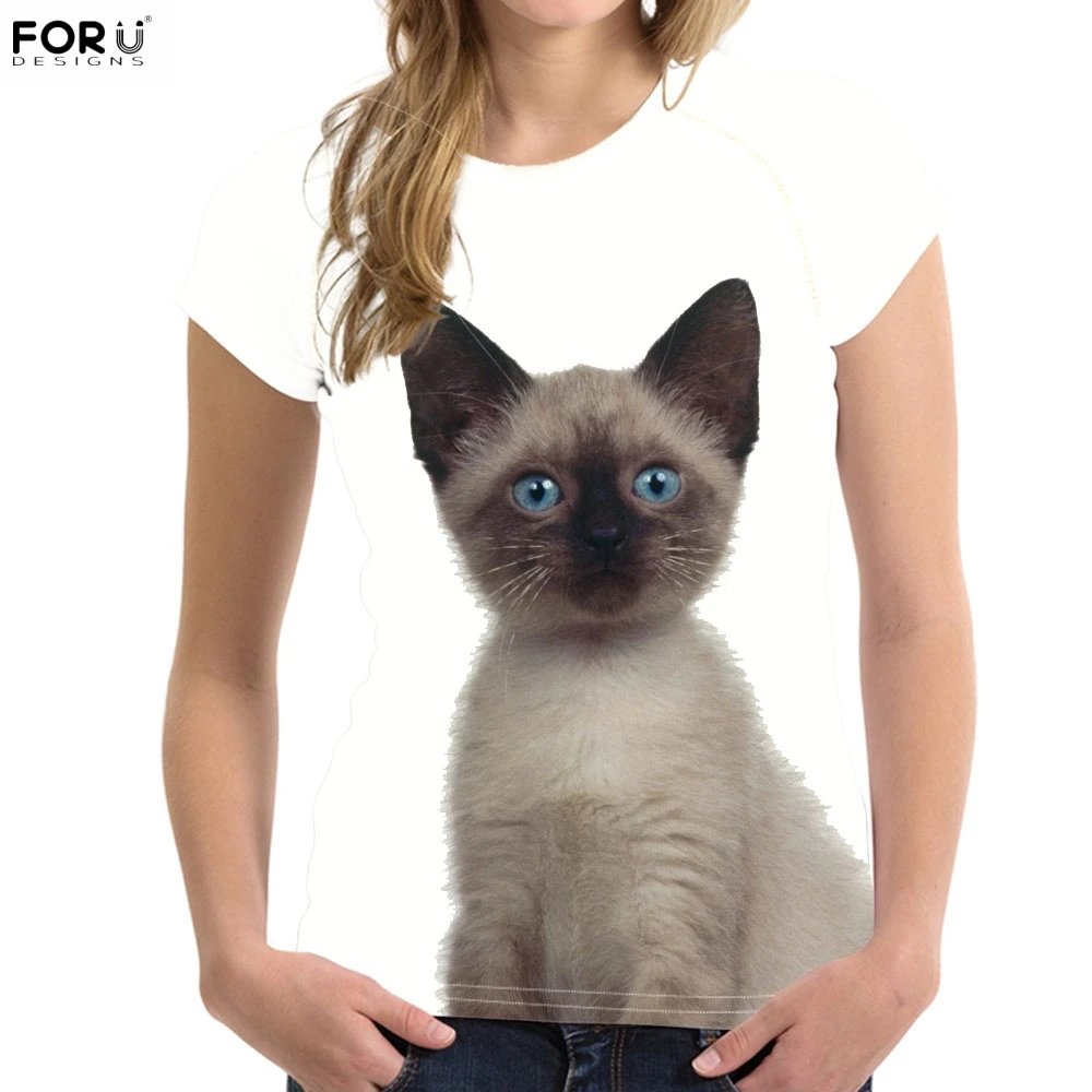 FORUDESIGNS Cute 3D Animal Siamese Cat Printing Woman Summer T Shirts