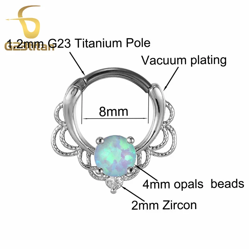 G23titan опал кольца перегородка трюк для носа Ушная перегородка пирсинг ювелирные изделия G23 титановый полюс Циркон покрытый родием