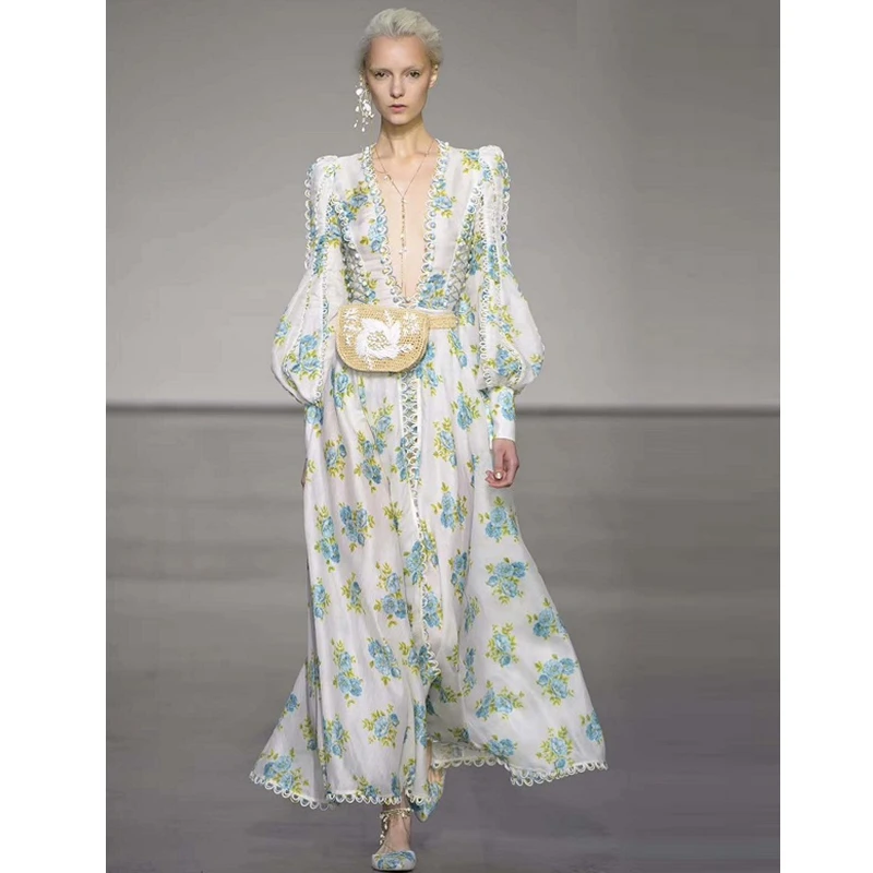 

2019 Fashion Show Floral Dress Long Sleeve Sexy Slit Deep V Neck Long Dress Elegant Summer Sexy Evening Celebrity Party Vestidos