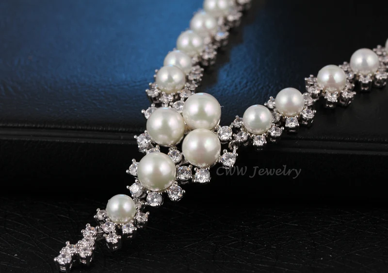CWWZircons High Quality Round CZ Stones Setting Large Pearl Dorp Earrings And Necklace Jewelry Sets For Wedding T249|jewelry sets|quality jewelry