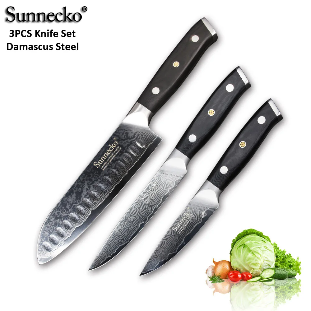 SUNNECKO 2 шт. нож из дамасской стали комплект Santoku универсальный нож для очистки овощей японский VG10 Core Шлифовальный G10 ручка шеф-повара нарезки лосося повара ножи - Цвет: 3pcs Knife Set B