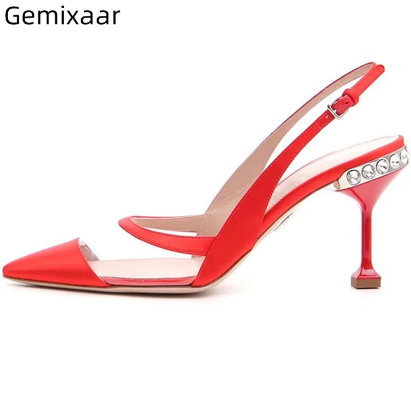 

Satin Mix PVC Women Sandals Pint Toe Slim Shallow Narrow Buckle Outside Sandalias High Stiletto Heel Decor Crystal Woman Sandals