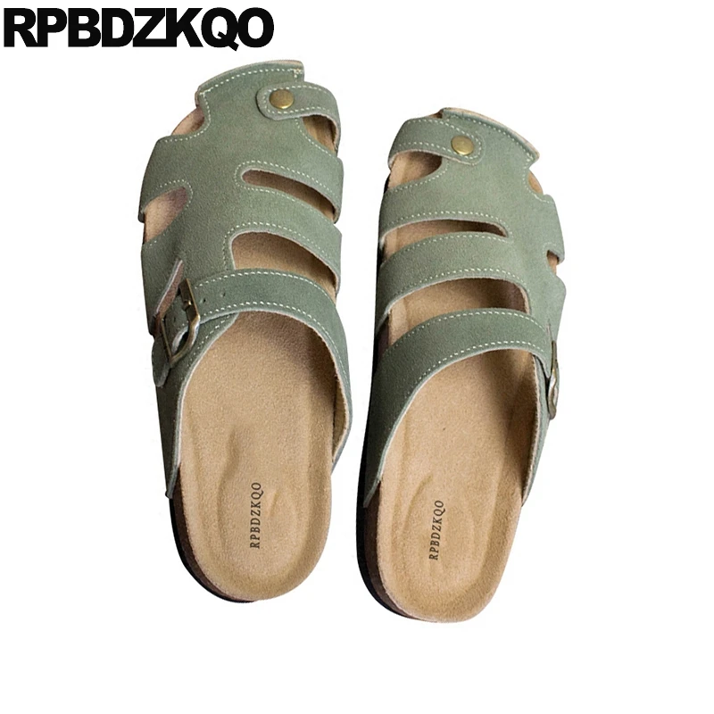 Мужские сандалии с закрытым носком зеленые гладиаторы на пробковой подошве