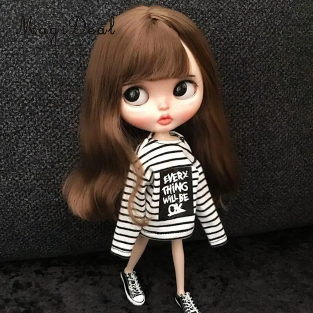 1/6 Doll Long Sleeved T-shirt Striped Tops for Blythe Costume Garment Accessory Girls Pretend Play Toy Gift - Цвет: Black-White